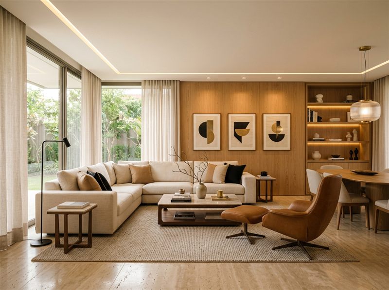 Sala de estar com decoração em tons neutros e madeira, exemplo de design atemporal